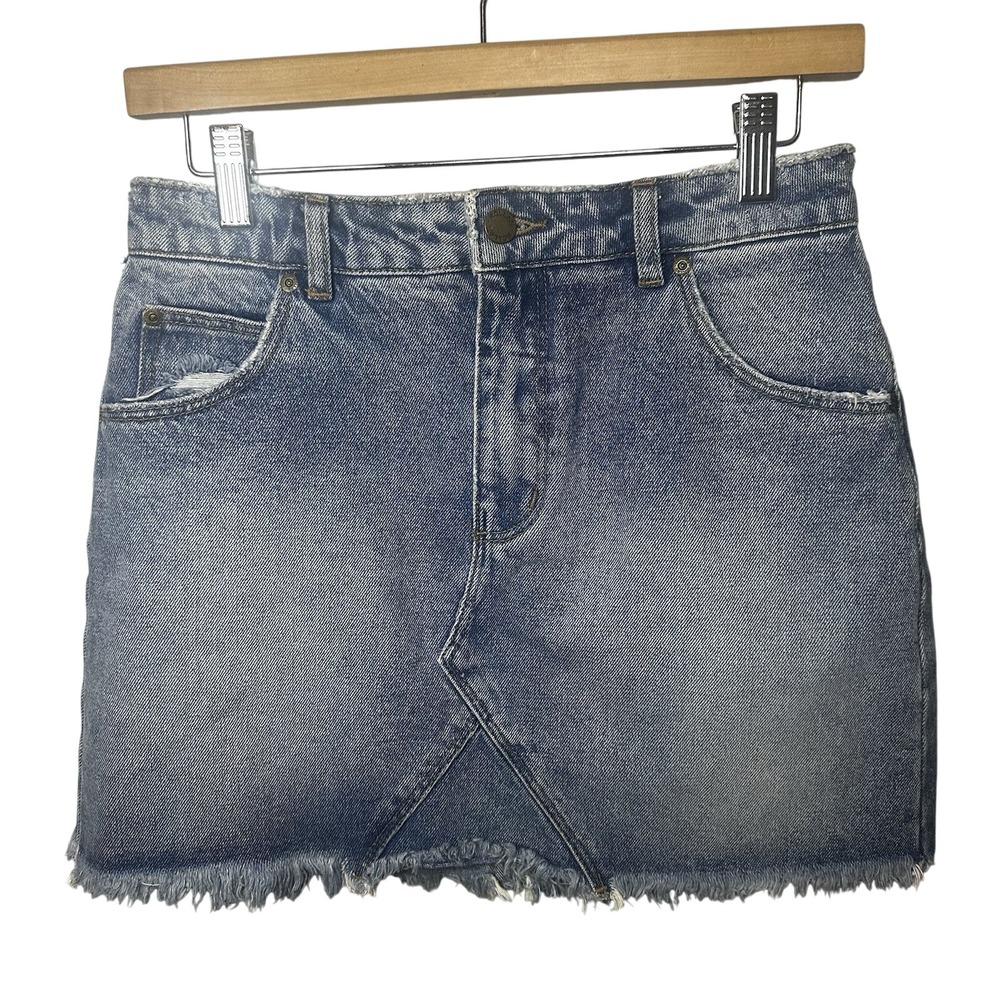 Rollas Claudia Skirt High Rise A-Line Denim Mini Blue Raw Hem Size 26 Aussie 8